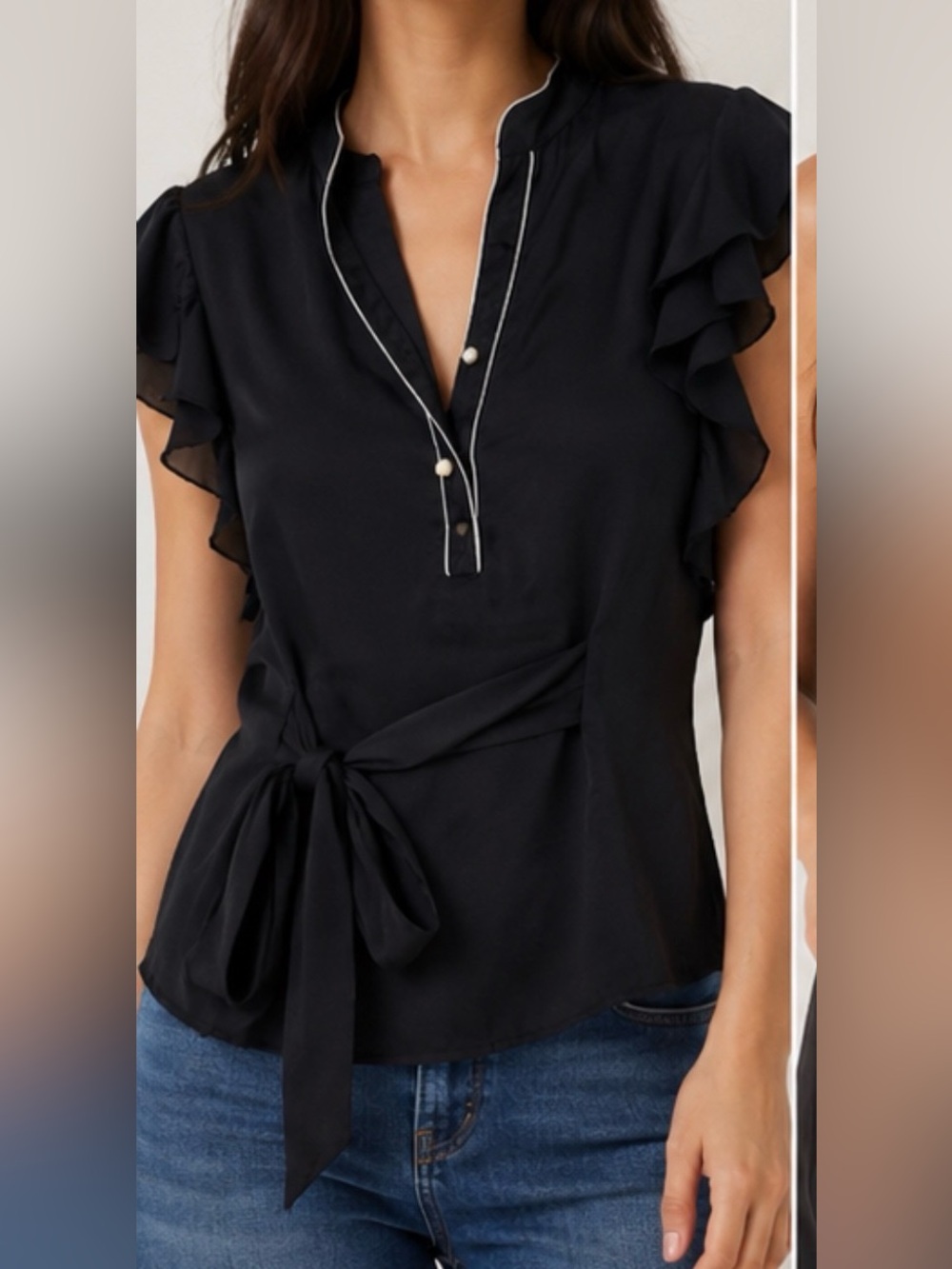 George Black Ruffle-Sleeve Tie-Front Blouse with Contrast Piping